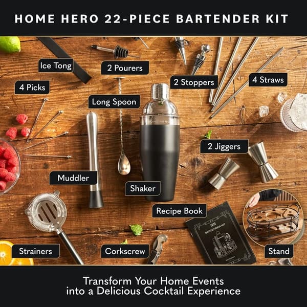 Premium Bartender Kit with Wooden Stand & Recipe Book (22 Pcs)