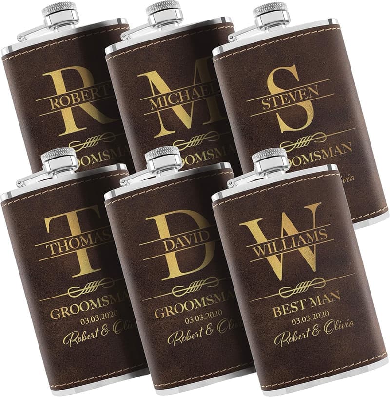 Personalized Hip Flask Set for Groomsmen - 6 oz Engraved
