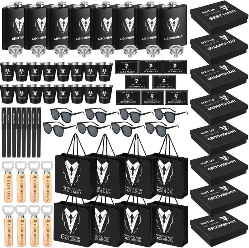 Groomsmen Gift Set: 8 Flasks with Shot Glasses & Accessories