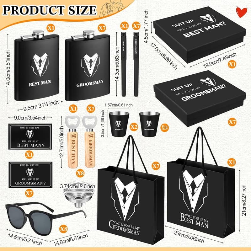 Groomsmen Gift Set: 8 Flasks with Shot Glasses & Accessories