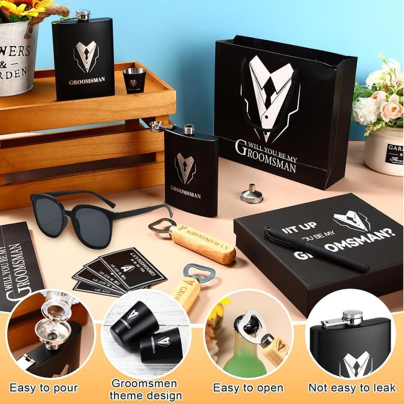 Groomsmen Gift Set: 8 Flasks with Shot Glasses & Accessories