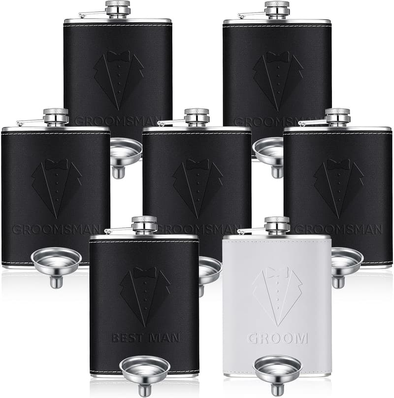 Groomsmen Proposal Flasks Set - 8 oz Stainless Steel Tuxedo
