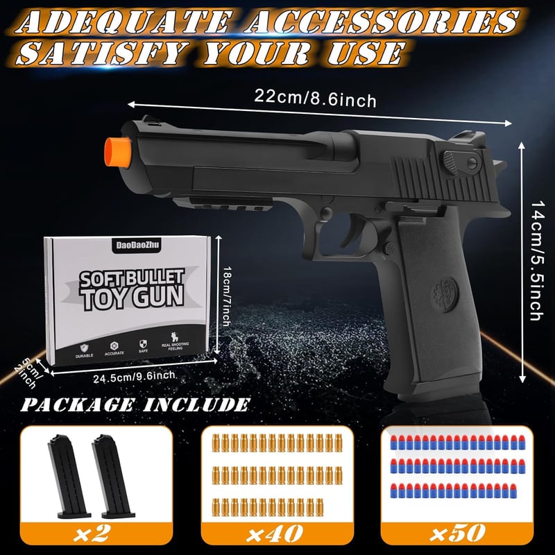 Realistic Toy Pistol with 50 Soft Bullets - Great Gift for Kids 8+