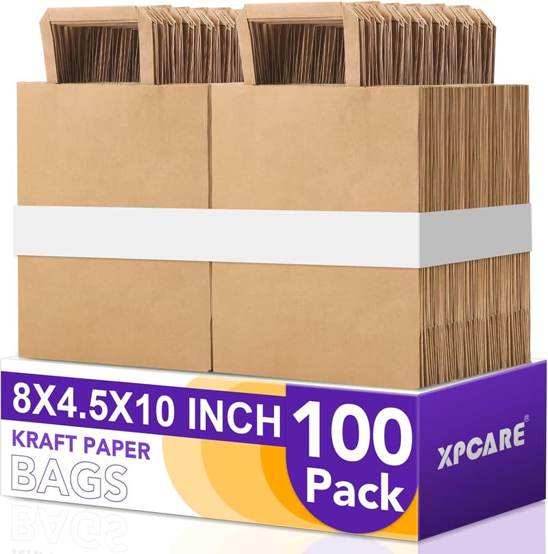 Brown Paper Gift Bags - 100 PCS, 8x4.5x10 Inches with Handles