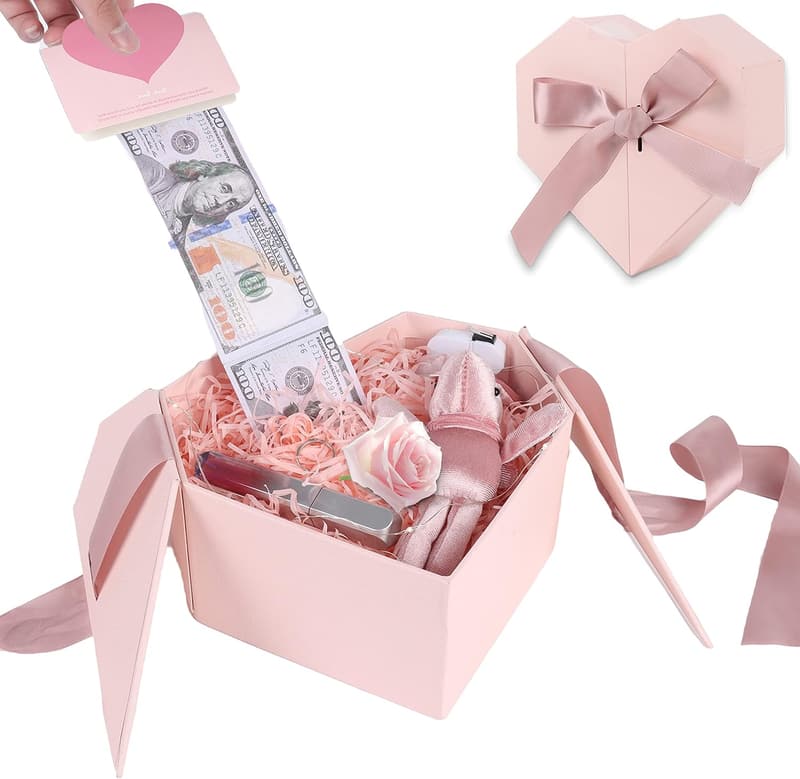 Birthday Money Pull Box with Pink Love Design & String Lights