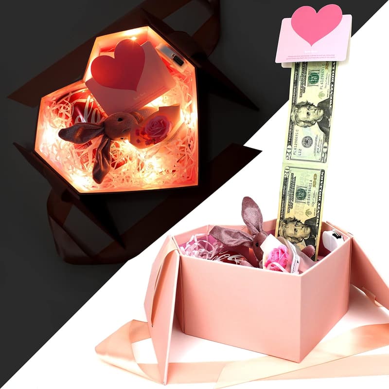 Birthday Money Pull Box with Pink Love Design & String Lights