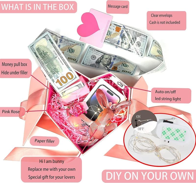Birthday Money Pull Box with Pink Love Design & String Lights
