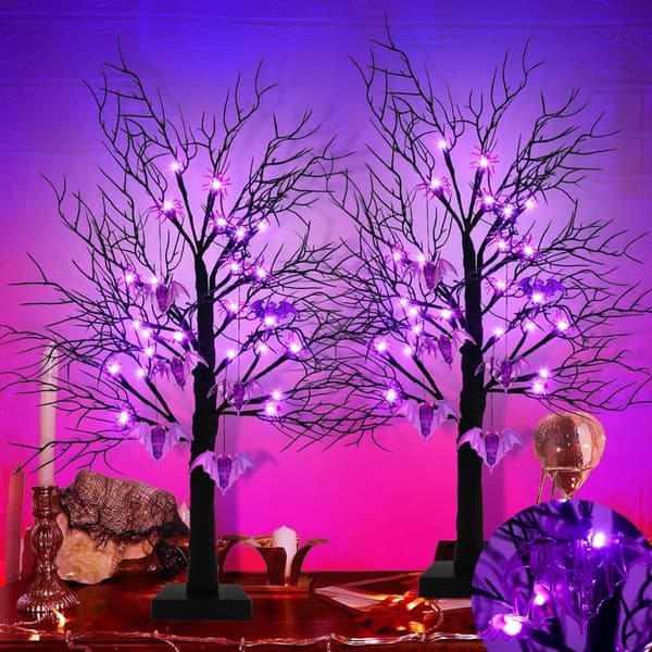 Halloween Black Twigs Tree Decor with Purple Lights & Spiders