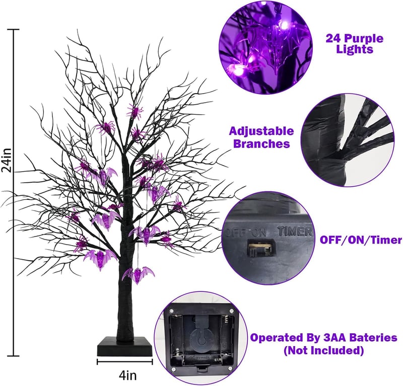 Halloween Black Twigs Tree Decor with Purple Lights & Spiders