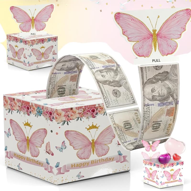 Birthday Money Box with Pull-Out Card & 30 DIY Bags - Funny Gift for Parents & Friends