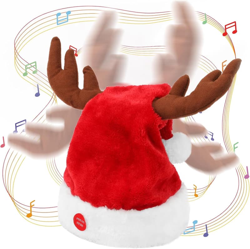 Interactive Singing Santa Hat with Reindeer Antlers - Christmas Gift