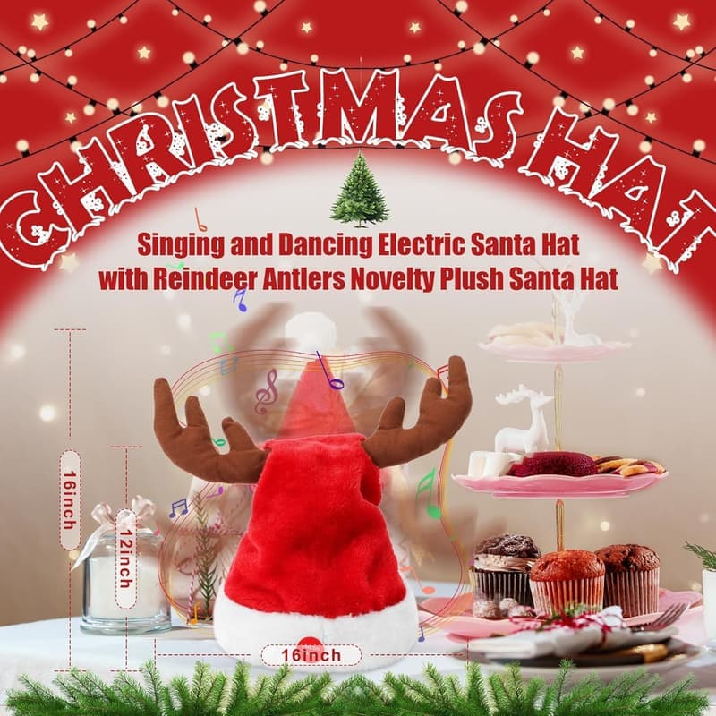 Interactive Singing Santa Hat with Reindeer Antlers - Christmas Gift
