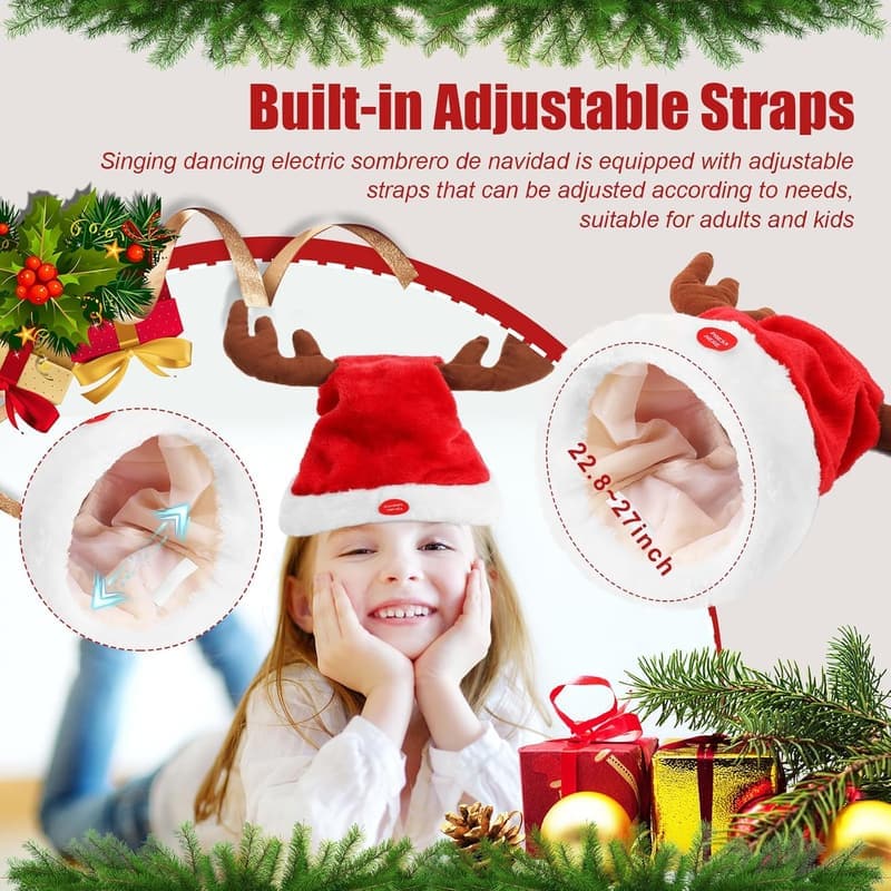 Interactive Singing Santa Hat with Reindeer Antlers - Christmas Gift