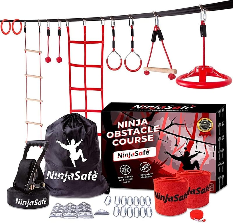 Kids Ninja Obstacle Course with 10 Durable Obstacles & 50' Slackline