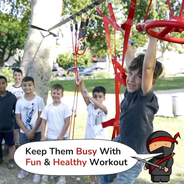 Kids Ninja Obstacle Course with 10 Durable Obstacles & 50' Slackline