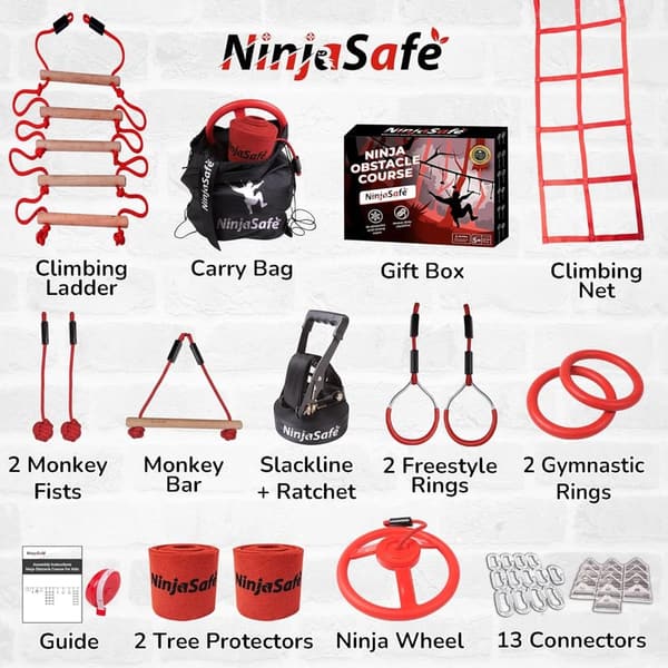 Kids Ninja Obstacle Course with 10 Durable Obstacles & 50' Slackline