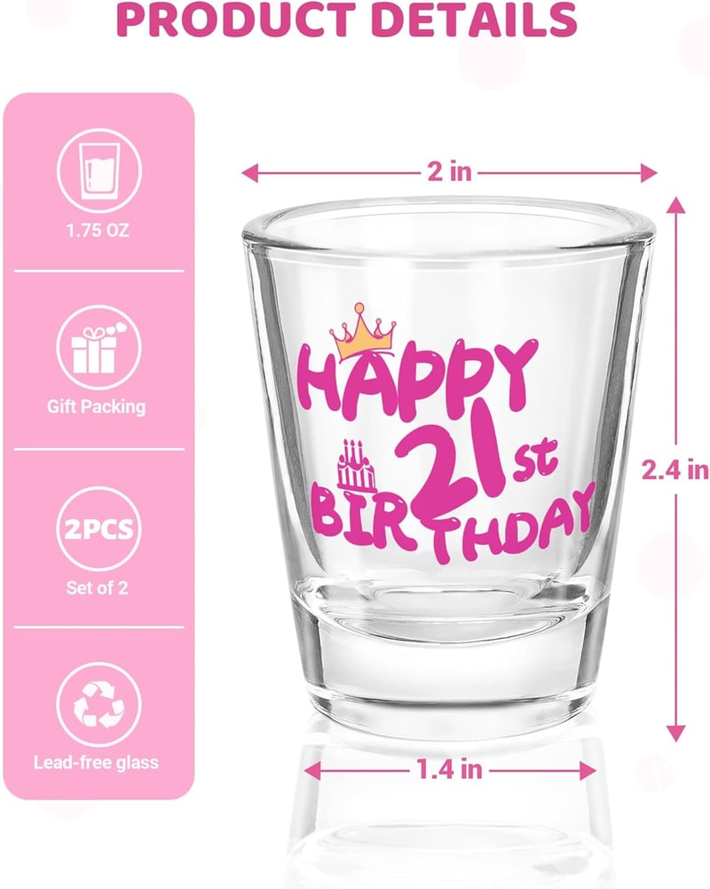 21st Birthday Shot Glass Set, 2-Pack for Her Celebration