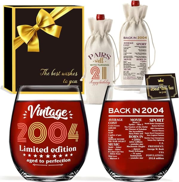 21st Birthday Stemless Wine Glass Gift for Her or Him
