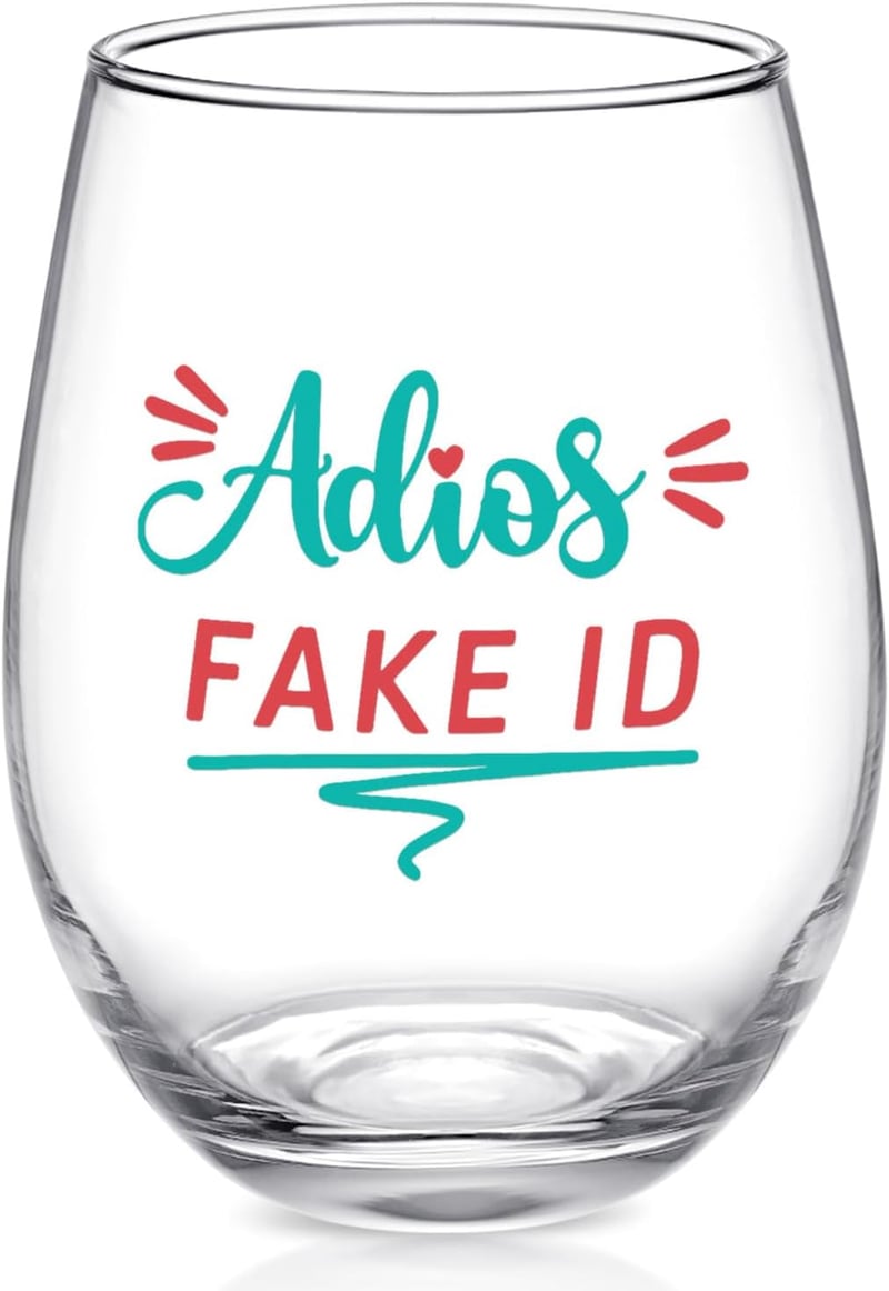 21st Birthday Adios Fake ID Stemless Wine Glass for Women