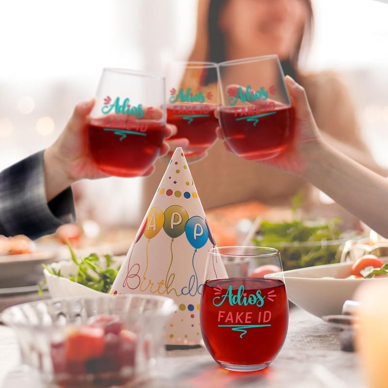 21st Birthday Adios Fake ID Stemless Wine Glass for Women