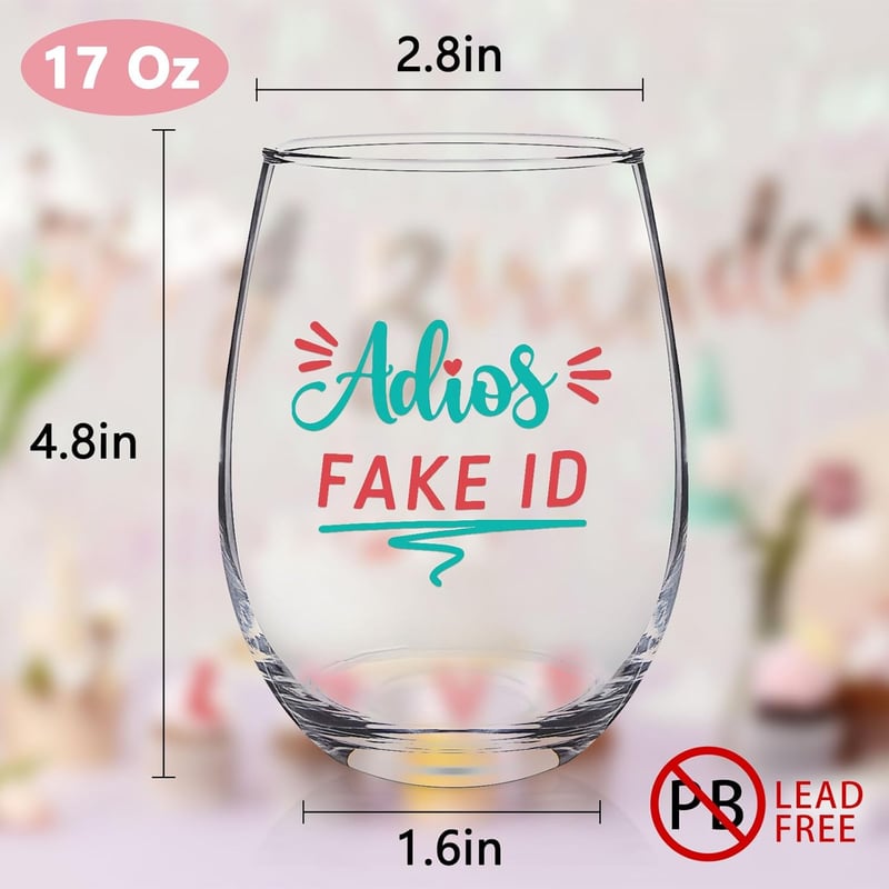 21st Birthday Adios Fake ID Stemless Wine Glass for Women