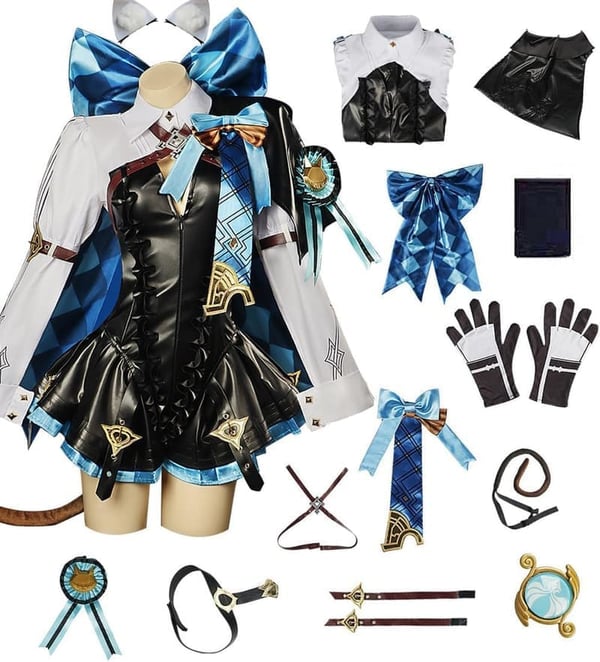 Halloween Lynette Cosplay Costume Blue Leather Dress with Hat