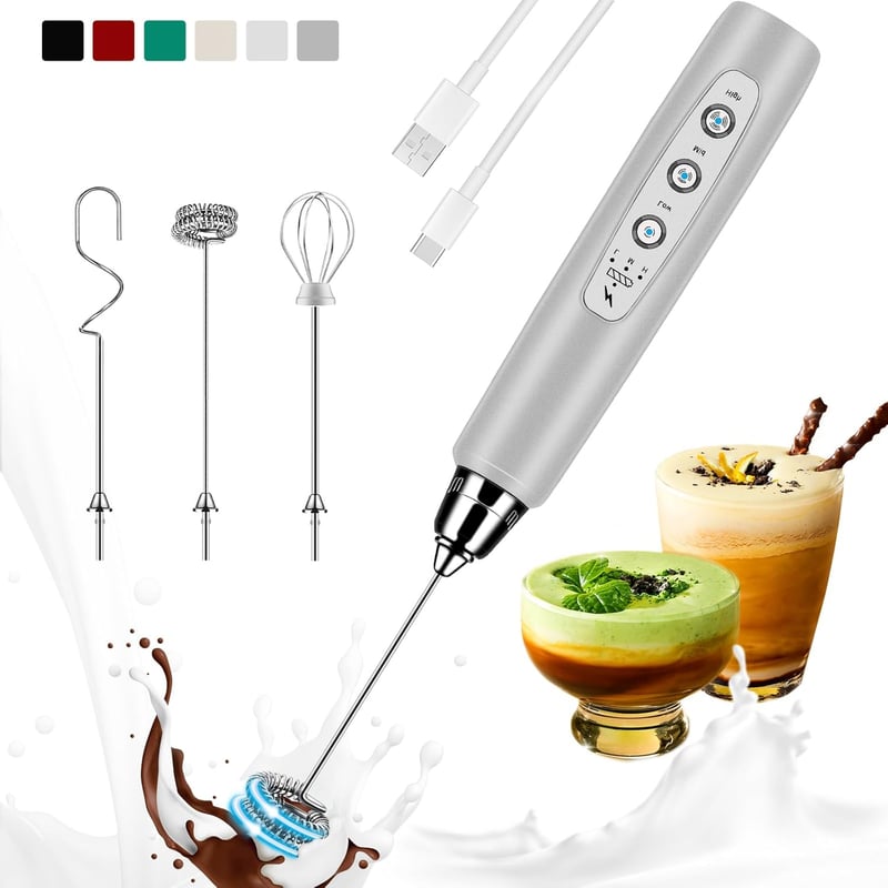 Rechargeable Handheld Milk Frother with 3 Stainless Whisks