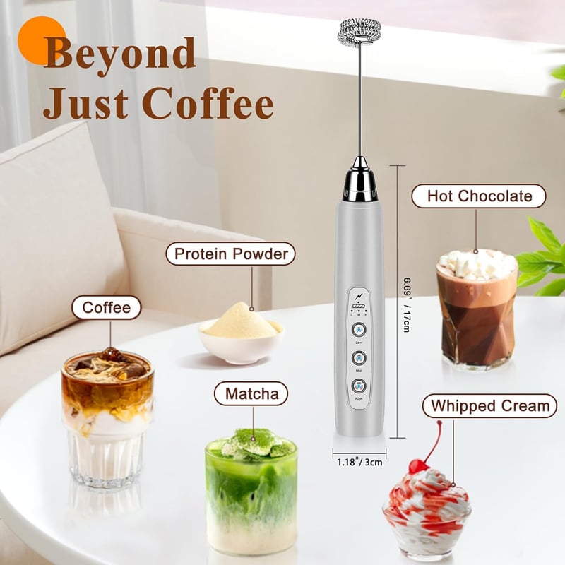 Rechargeable Handheld Milk Frother with 3 Stainless Whisks