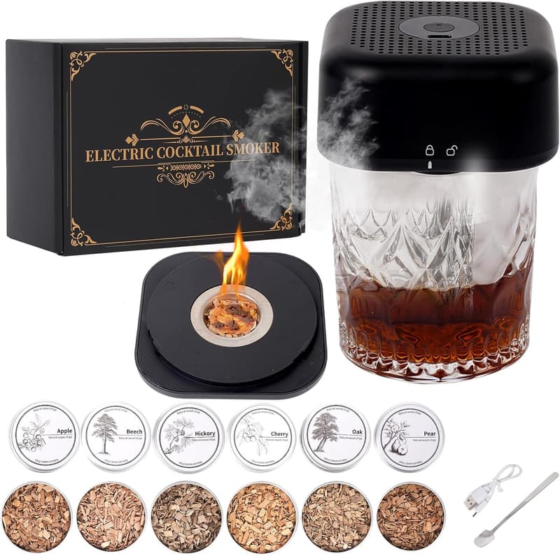 Rechargeable Cocktail Smoker Kit with 6 Wood Chip Flavors - Gift for Men