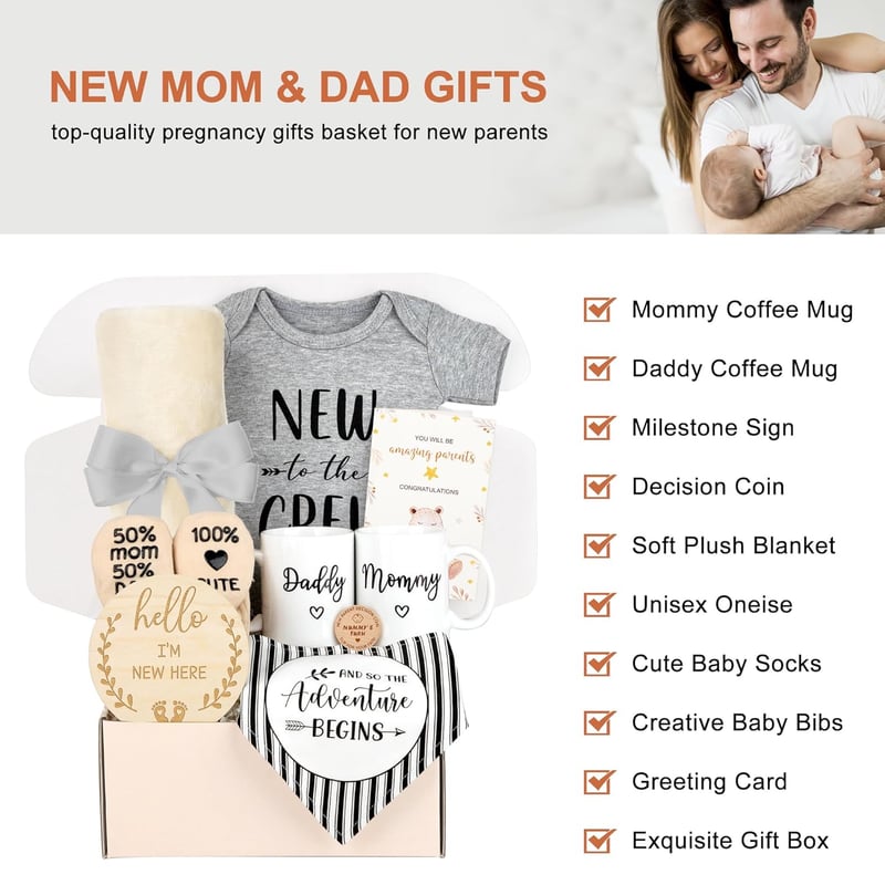 New Parents Gift Basket for Baby Shower and Gender Reveal