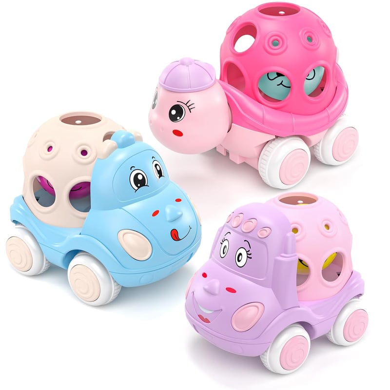 Pink Push and Go Rattle Toy Cars for Toddler Girls