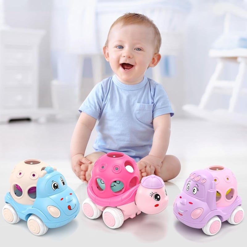 Pink Push and Go Rattle Toy Cars for Toddler Girls