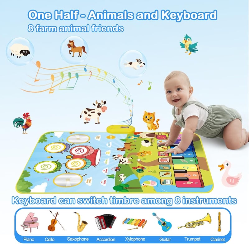 Musical Play Mat for Toddlers - 3-in-1 Educational Piano & Drum