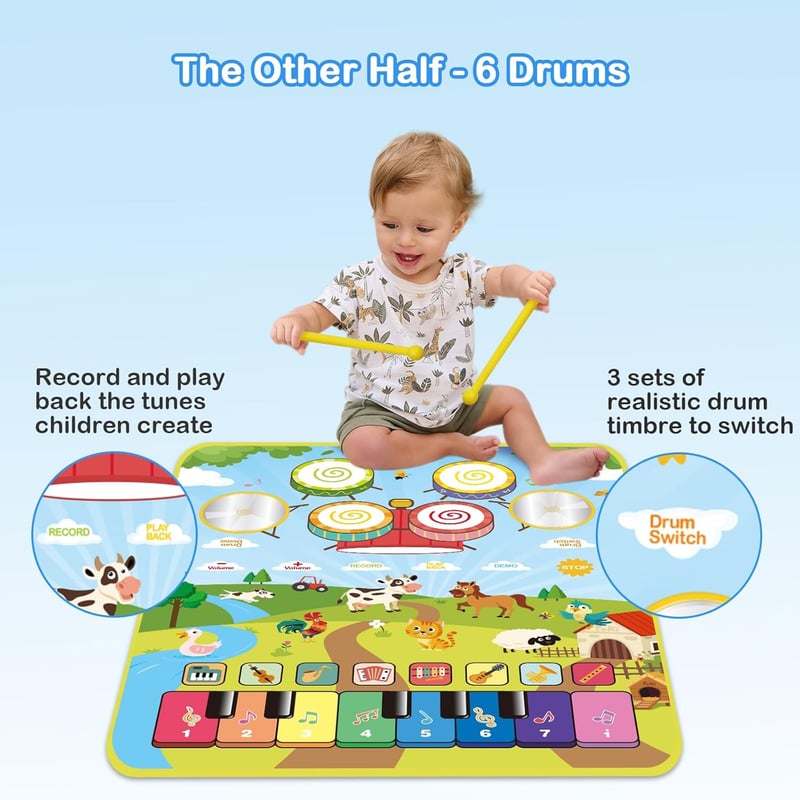 Musical Play Mat for Toddlers - 3-in-1 Educational Piano & Drum