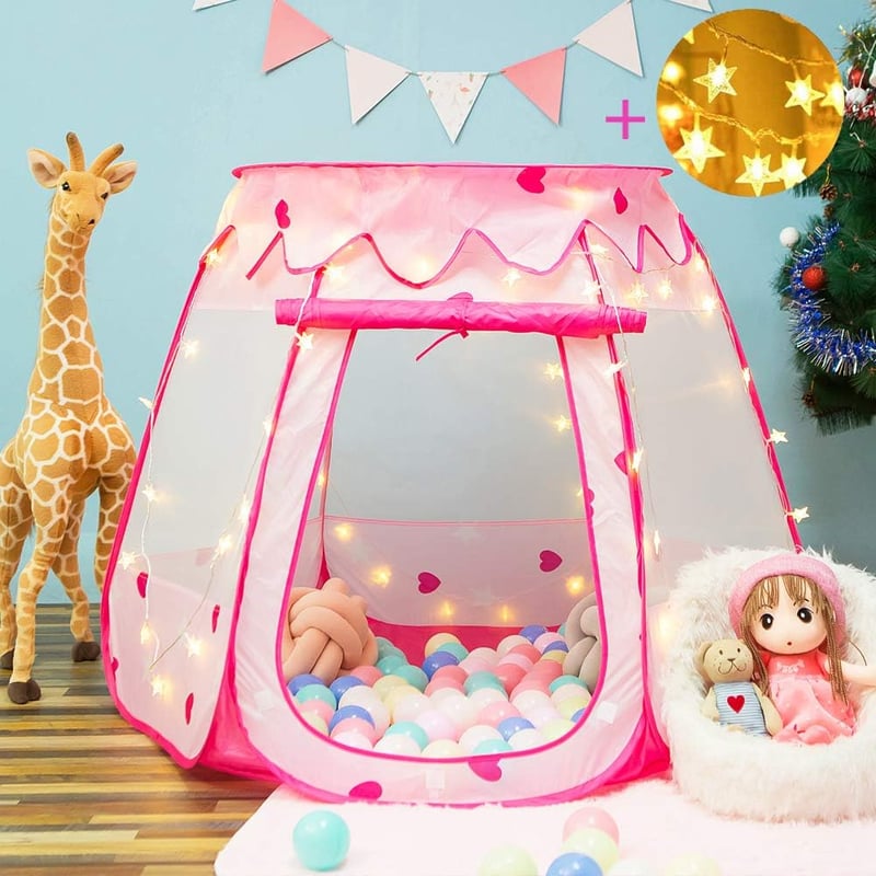 Birthday Princess Tent with Star Lights & Ball Pit for Toddlers