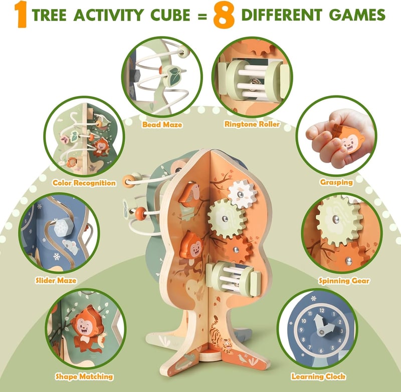 Montessori 8-in-1 Wooden Activity Cube for 1st Birthday