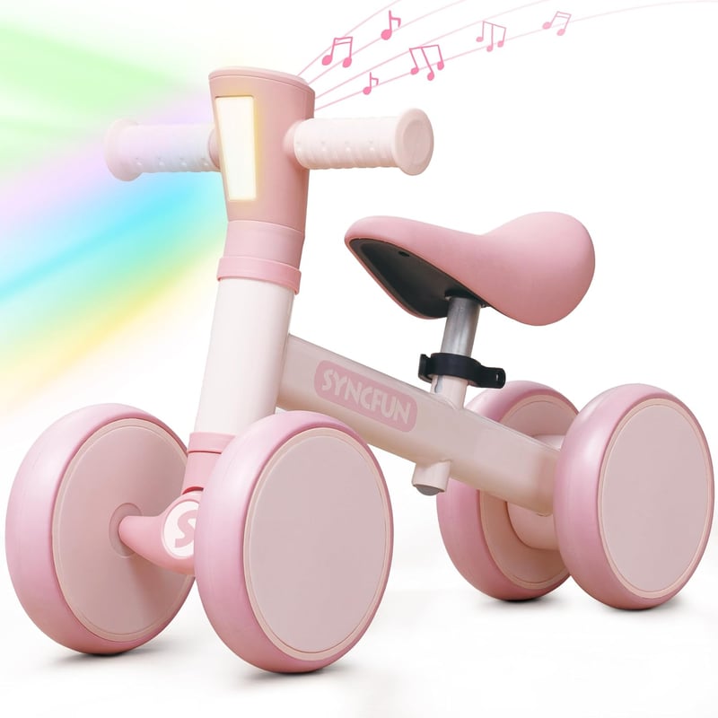 1st Birthday Balance Bike with Music & Lights for Toddlers (Pink)