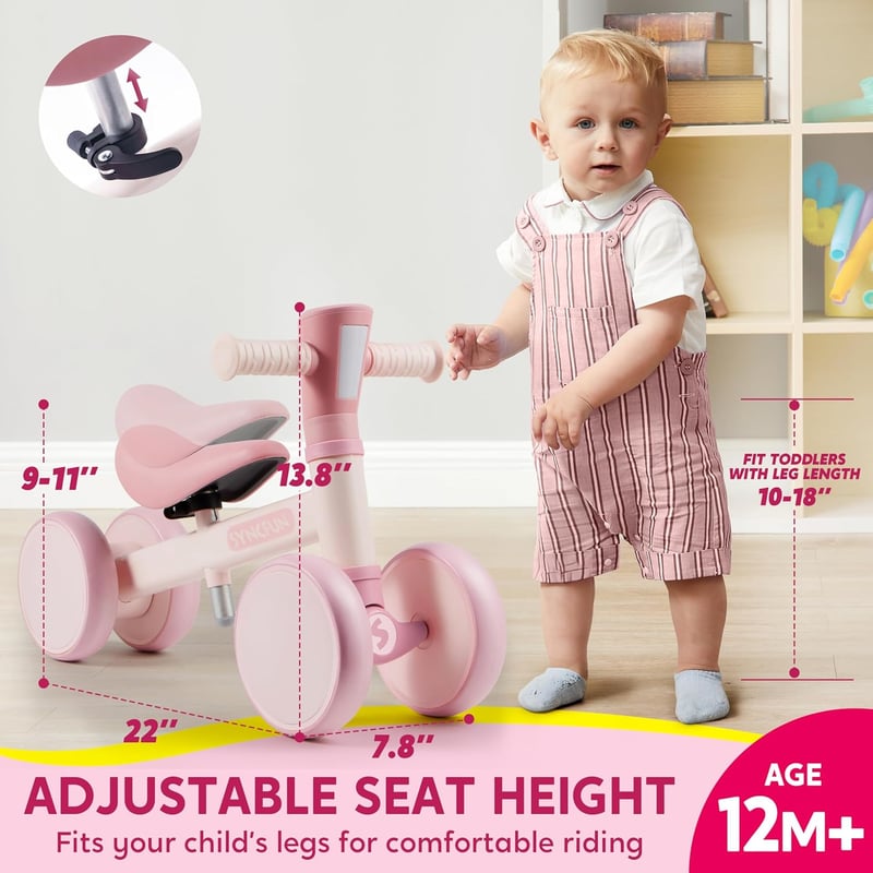 1st Birthday Balance Bike with Music & Lights for Toddlers (Pink)