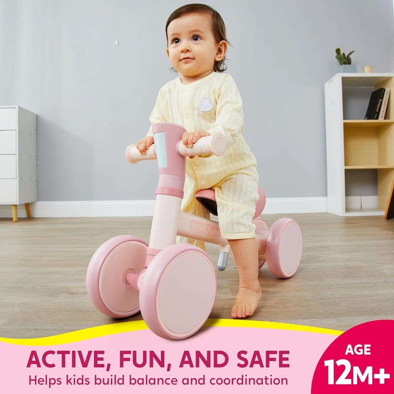 1st Birthday Balance Bike with Music & Lights for Toddlers (Pink)
