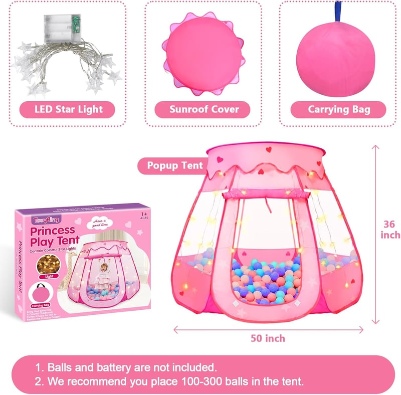 Princess Pop-Up Tent with Star Light, Birthday Gift for Girls 1-3