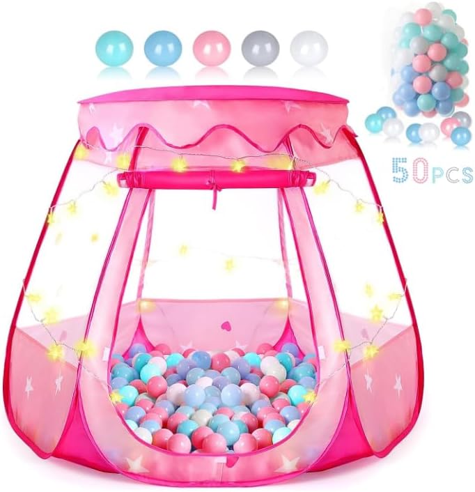 Princess Pop-Up Tent with Star Lights & 50 Balls for Toddlers