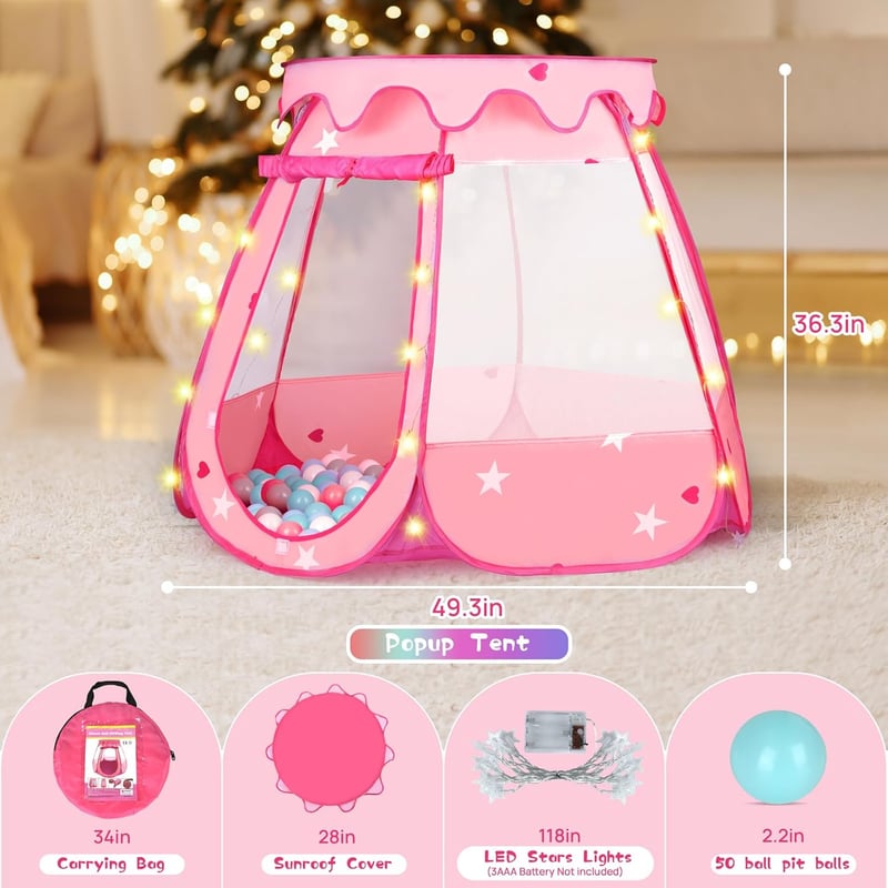 Princess Pop-Up Tent with Star Lights & 50 Balls for Toddlers