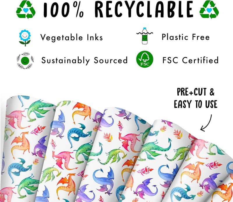 Eco-Friendly Dragon Birthday Wrapping Paper Set for Kids
