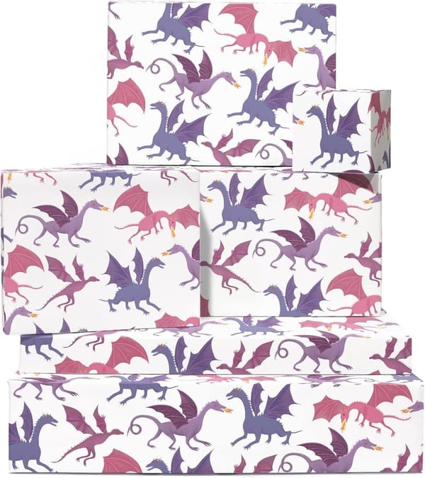 Boy's Birthday Dragon Wrapping Paper - 6 Recyclable Sheets with Stickers