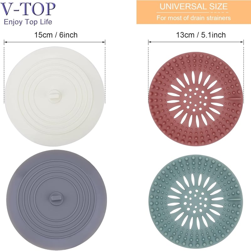 Silicone Shower Drain Hair Catcher & Tub Stopper - 4 Pack