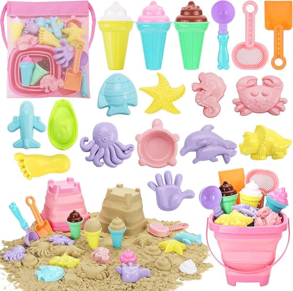 Collapsible Beach Toy Set for Toddlers with Bucket & Shovels
