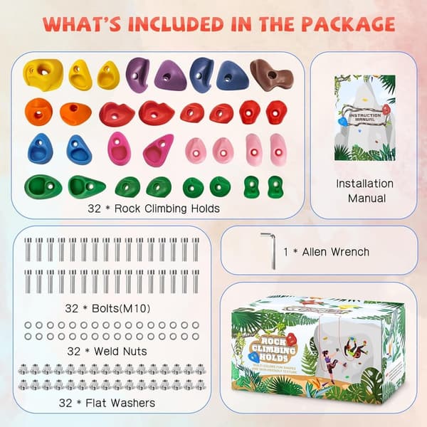 Rock Climbing Holds Set - 32 Multi-Size Grips for Kids & Adults