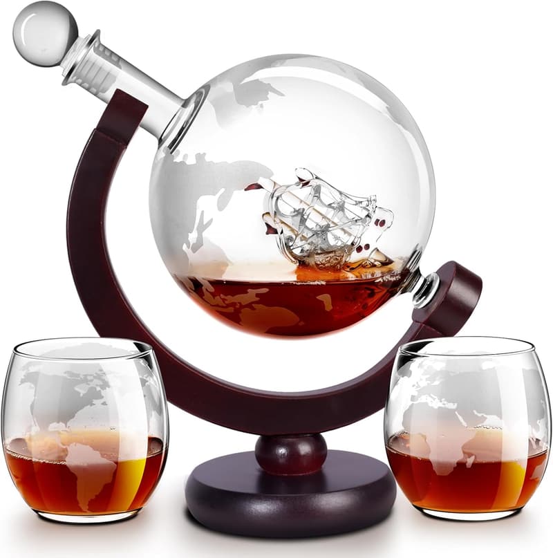 Whiskey Decanter Globe Set with 2 Etched Glasses - 850ml
