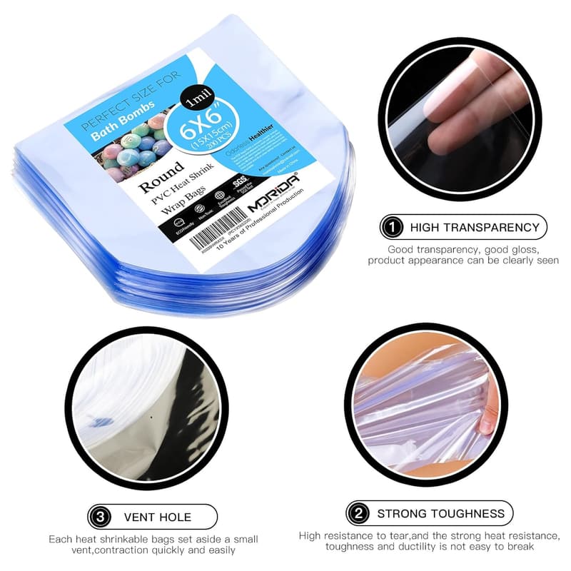 200 pcs Round PVC Heat Shrink Wrap Bags for Bath Bombs & Crafts