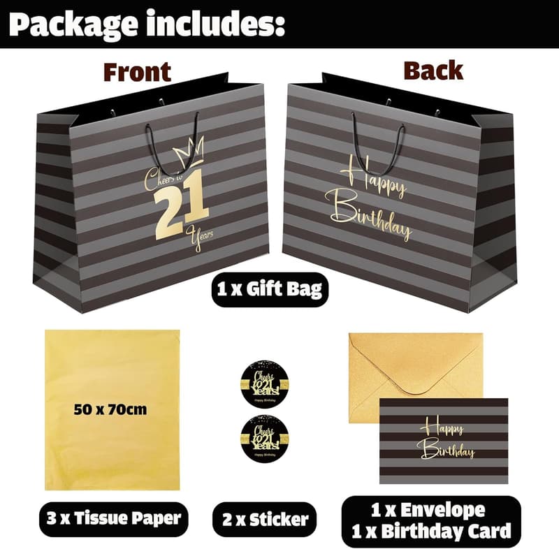 21st Birthday Gift Bag with Card, Stickers & Tissue Paper